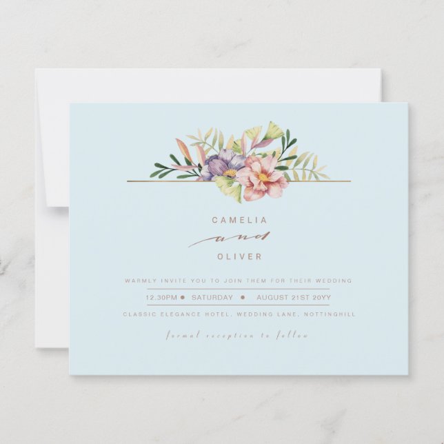 Elegante Sky Blue Summer Floral Wedding Einladung  (Vorderseite)