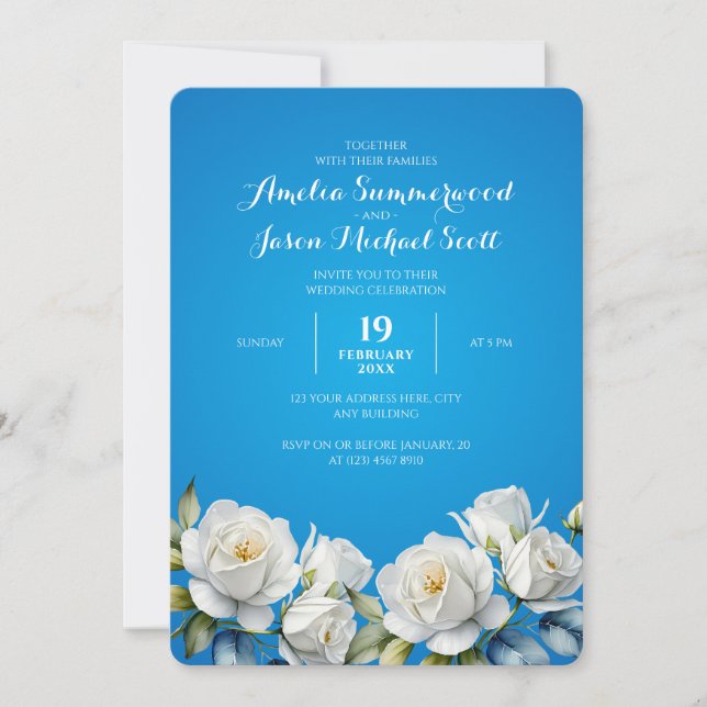 Elegante Sky Blue Watercolor Roses Wedding Einladung (Vorderseite)
