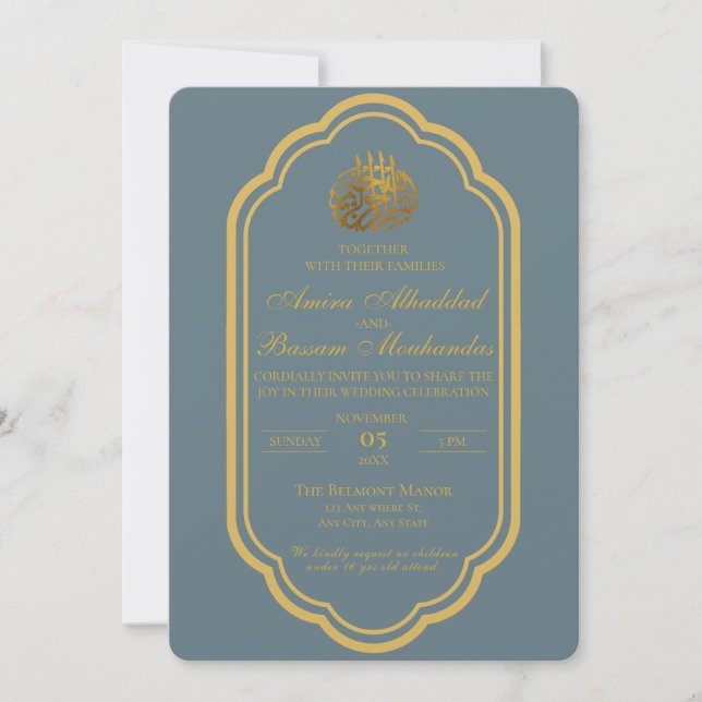 Elegante Slate Blue und Gold Islamische Hochzeit Einladung (Vorderseite)