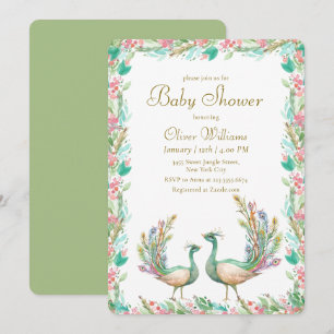 Elegante Smaragd-Blumengarten-Pfau-Baby-Party Einladung