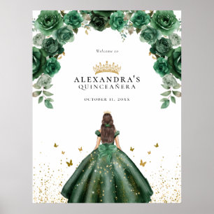 Elegante Smaragd Quinceañera Florale Faux Folie Poster