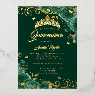 Elegante Smaragd-Rosen-Swirbel-Gold-Quinceanera Folieneinladung