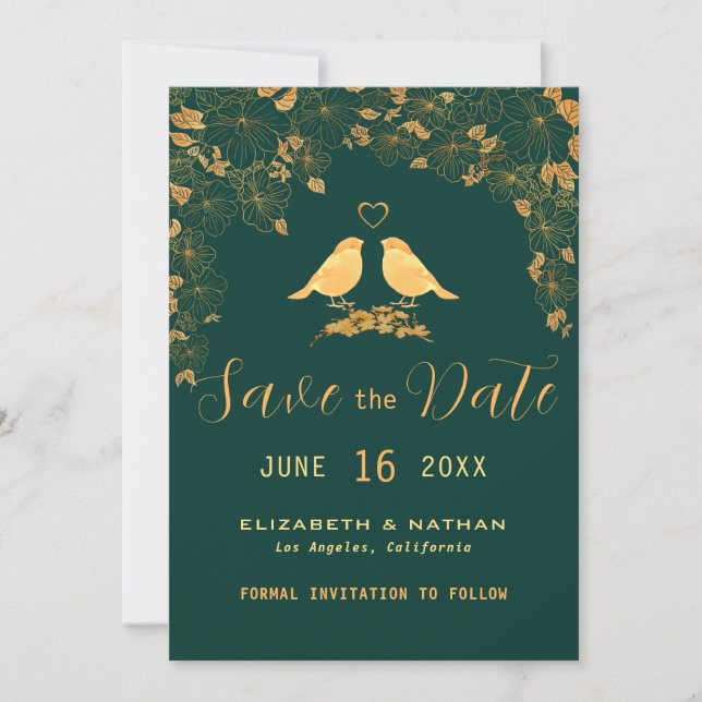 Elegante Smaragdgrün & goldblütige Vögel Rettete d Save The Date (Vorderseite)