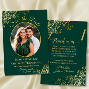 Elegante Smaragdgrün- und Gold-Oval-Foto-Hochzeit Save The Date