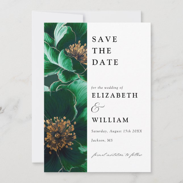 Elegante Smaragdgrün- und Goldblumenhochzeit Save The Date (Vorderseite)