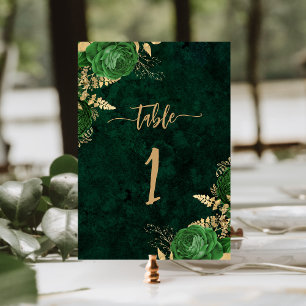 Elegante Smaragdgrüne Goldene Florale Hochzeit Tischnummer