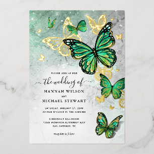 Elegante Smaragdgrüne Goldene Schmetterling Hochze Folieneinladung