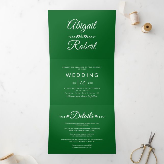 Elegante Smaragdgrüne Typografie Foto Hochzeit Dreifach Gefaltete Einladung (Innenseite)
