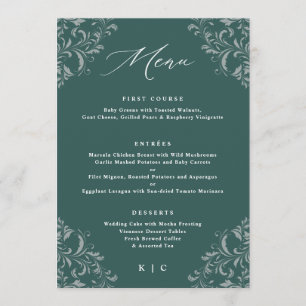 Elegante Smaragdgrüne Vintage-Hochzeitsmenüs Menükarte