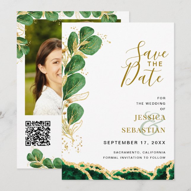 Elegante Smarald and Gold Agate Eukalyptus Wedding Save The Date (Vorne/Hinten)