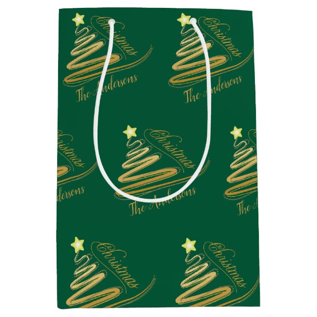 Elegante Smarald Green Gold Foil Weihnachtsbaum Mittlere Geschenktüte (Vorderseite)