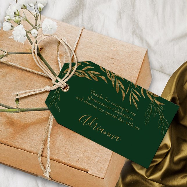 Elegante Smarald Green und Gold Leaf Gefallen Geschenkanhänger (Emerald Green Quinceanera favor gift tags from my Gold Leaf Quinceanera Collection)