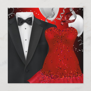 Elegante Smoking und rotes Kleid Weihnachtsfeier Einladung