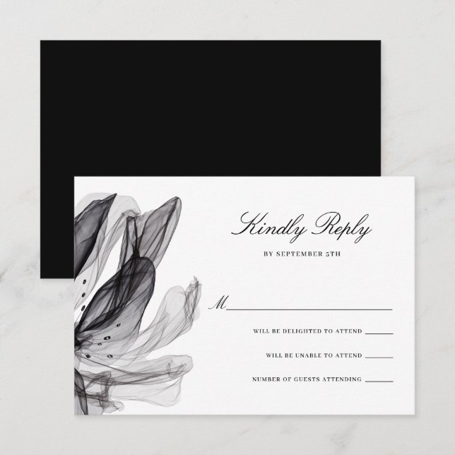 Elegante Smoky Blume Black Wedding RSVP Card Karte (Vorne/Hinten)