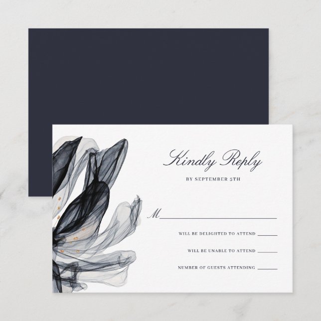 Elegante Smoky Blume Deep Navy Hochzeit RSVP Karte (Vorne/Hinten)