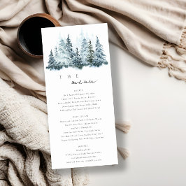 Elegante Snow Winter Forest Pine Wedding Menu Card Dankeskarte
