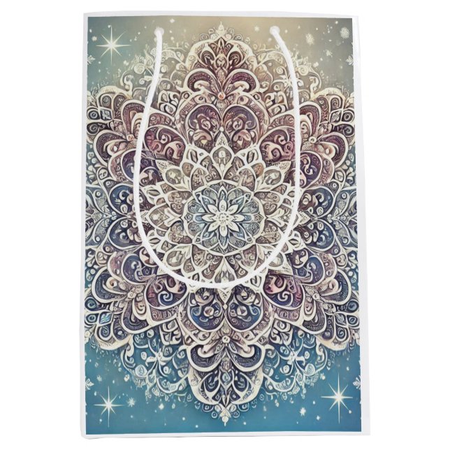 Elegante Snowflake Mandala in Frosty Hues Mittlere Geschenktüte (Vorderseite)