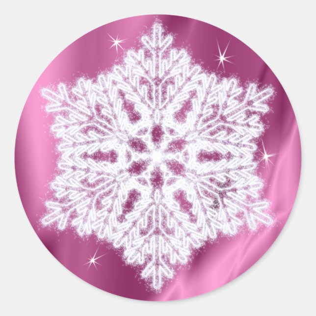 Elegante Snowflake Pink Girly Weihnachten Runder Aufkleber (Vorderseite)