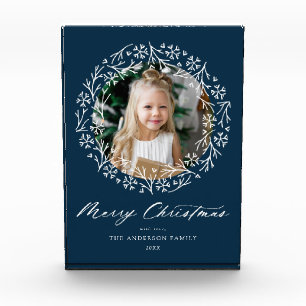 Elegante Snowflake Wreath Navy Weihnachten Fotoblock