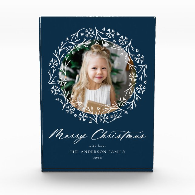 Elegante Snowflake Wreath Navy Weihnachten Fotoblock (Vorderseite)