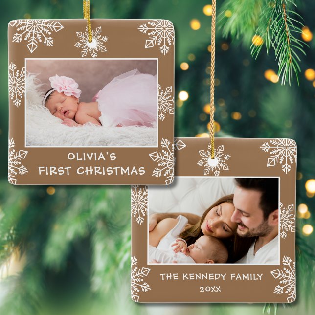 Elegante Snowflakes 2 Foto Baby First Christmas Keramikornament (Von Creator hochgeladen)