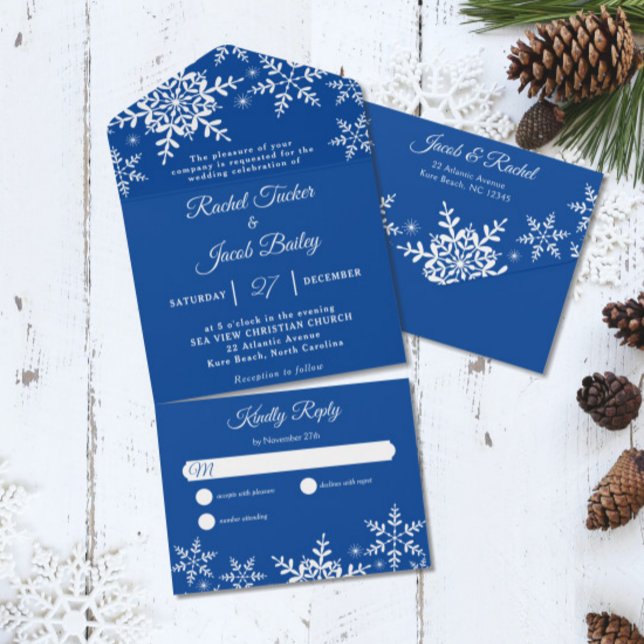 Elegante Snowflakes Deep Blue Winter Wedding All In One Einladung (Von Creator hochgeladen)