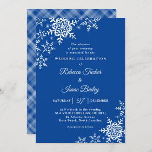 Elegante Snowflakes Kariert Deep Blue Wedding Einladung