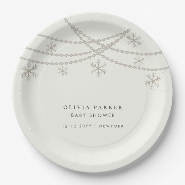 Elegante Snowflakes Winter Baby Dusche Pappteller (Vorderseite)