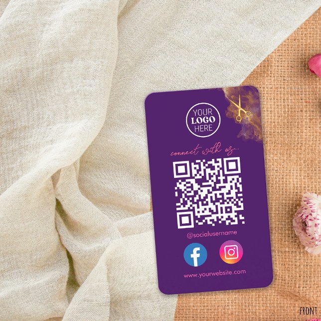 Elegante Social Media Lila QR Code Gold Scissors Visitenkarte (Von Creator hochgeladen)