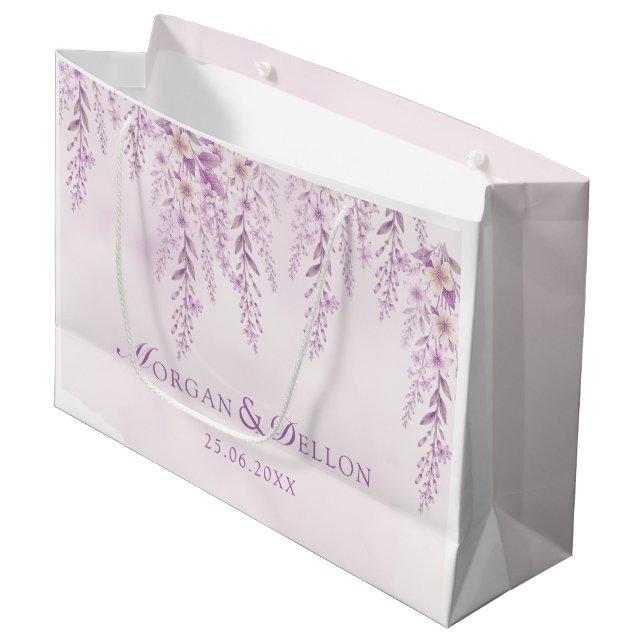 Elegante Soft Blush Lavendel Blumenhochzeit Große Geschenktüte (Vorderseite Schrägansicht)