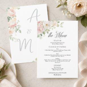Elegante Soft Blush Rosen Hochzeitsmenü Menükarte