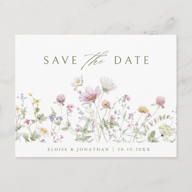 Elegante Soft Pastel Wildblume Boho Save the Date Postkarte (Vorderseite)