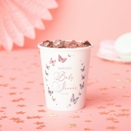 Elegante Soft Pink Butterfly Babydusche Pappbecher