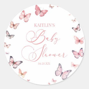 Elegante Soft Pink Butterfly Babydusche Runder Aufkleber