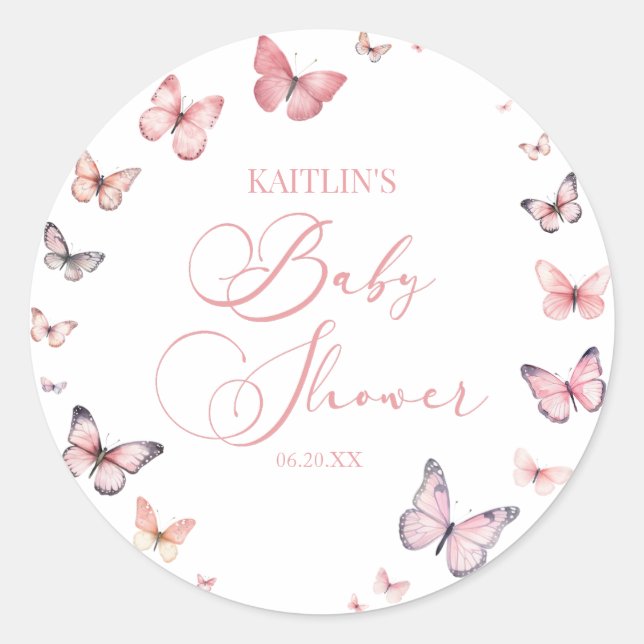 Elegante Soft Pink Butterfly Babydusche Runder Aufkleber (Vorderseite)