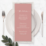 Elegante Solid Color Dusty Rose Pink Wedding Menükarte<br><div class="desc">Elegantes Solid Color Dusty Rose Pink Wedding Menü. Diese moderne, schicke Menu-Karte ist einfach klassisch und elegant mit einem schlichten, soliden Hintergrund und einem hübschen Signatur-Script-Kalligraphie-Schriftart mit Schwänzen. Im neuen Farbraum gezeigt. Mit einem hübschen Monogramm auf der Rückseite. Erhältlich in mehreren Farboptionen, oder fühlen Sie sich frei, die Farben aus...</div>