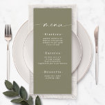 Elegante Solid Color Olive Lily Green Wedding Menükarte<br><div class="desc">Elegantes Solid Color Olive Lily Green Wedding Menü. Diese moderne, schicke Menu-Karte ist einfach klassisch und elegant mit einem schlichten, soliden Hintergrund und einem hübschen Signatur-Script-Kalligraphie-Schriftart mit Schwänzen. Im neuen Farbraum gezeigt. Mit einem hübschen Monogramm auf der Rückseite. Erhältlich in mehreren Farboptionen, oder fühlen Sie sich frei, die Farben aus...</div>