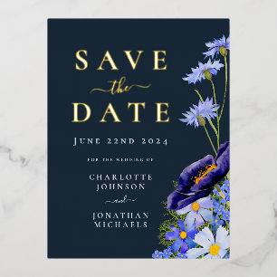Elegante Sommerblumen Blau Gold Hochzeit Folie Einladungspostkarte