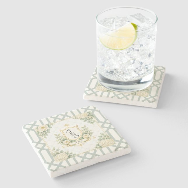 Elegante Sommergarten-Soirée Blumige Monogramm  Steinuntersetzer (Seitenansicht)