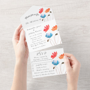 Elegante Sommerhochzeit mit Wasserfarben-Mohnblume All In One Einladung