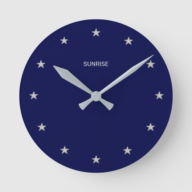 Elegante Sonnenaufgangsstars auf Navy Blue Runde Wanduhr (Vorderseite)