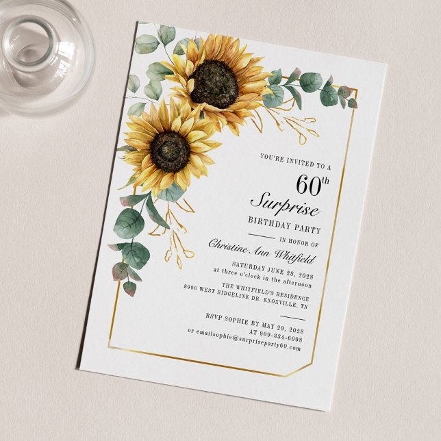 Elegante Sonnenblume 60. Geburtstagsparty (Sunflower Eucalyptus 60th Birthday Party Invitation)