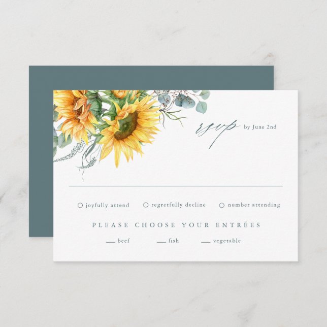 Elegante Sonnenblume Eucalyptus Wedding RSVP Card (Vorne/Hinten)