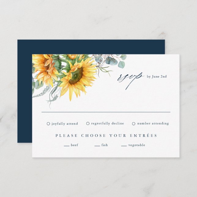 Elegante Sonnenblume Eucalyptus Wedding RSVP Card (Vorne/Hinten)