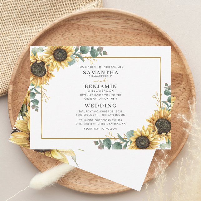 Elegante Sonnenblume Rustikale Hochzeit Einladung (Floral Sunflower Eucalyptus Greenery Watercolor Wedding Invitation)