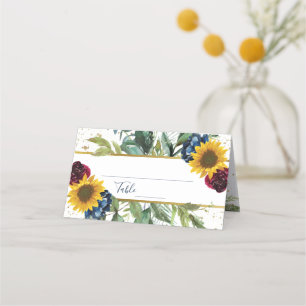 Elegante Sonnenblumen-Blumen-Gold-Glitter-Brautpar Platzkarte