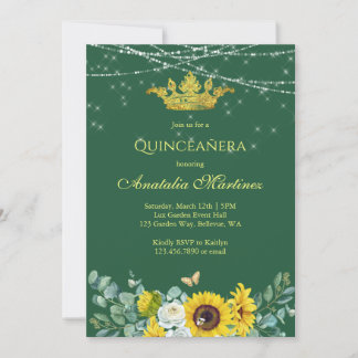 Elegante Sonnenblumen Emerald Green Quinceanera Einladung