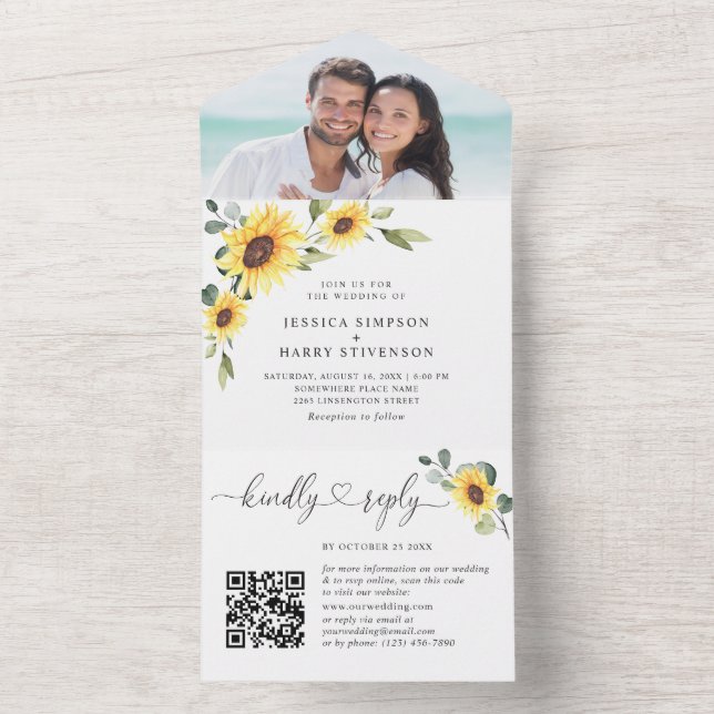 Elegante Sonnenblumen Eucalyptus Wedding QR-Code All In One Einladung (Innen Boden)