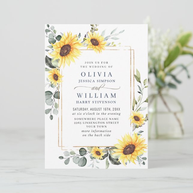 Elegante Sonnenblumen Eucalyptus Wedding QR Code Einladung (Stehend Vorderseite)