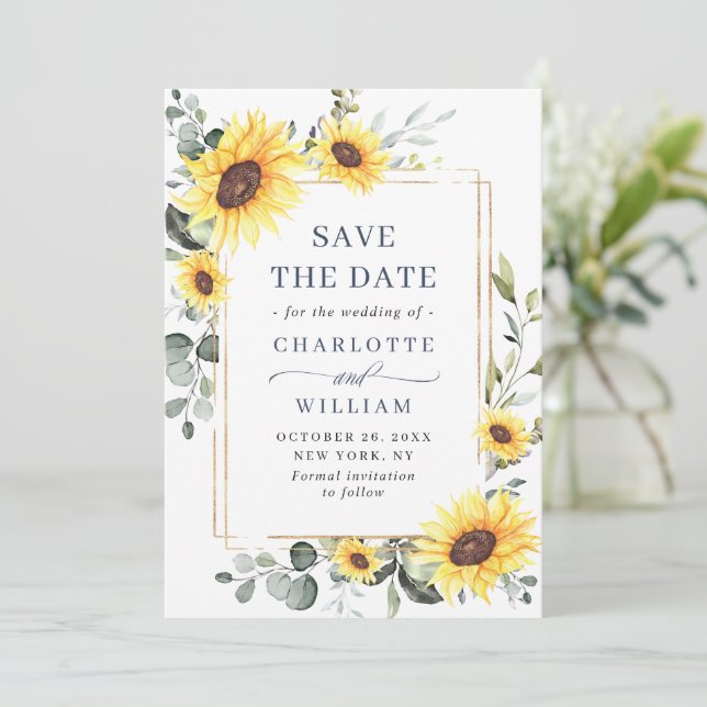 Elegante Sonnenblumen Eucalyptus Wedding QR Code Save The Date (Stehend Vorderseite)